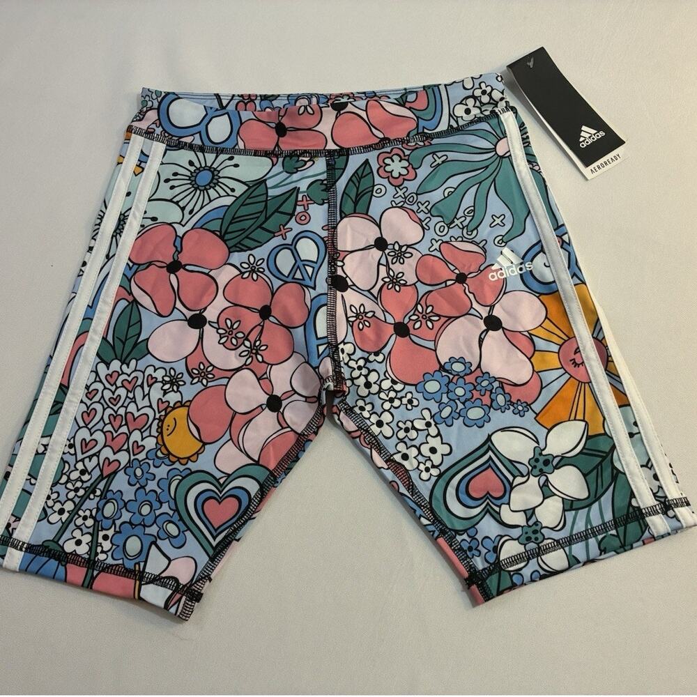 Adidas Girls Floral Bike Shorts L 14 NWT Colorful Graphic 3-Stripes Sky Blue